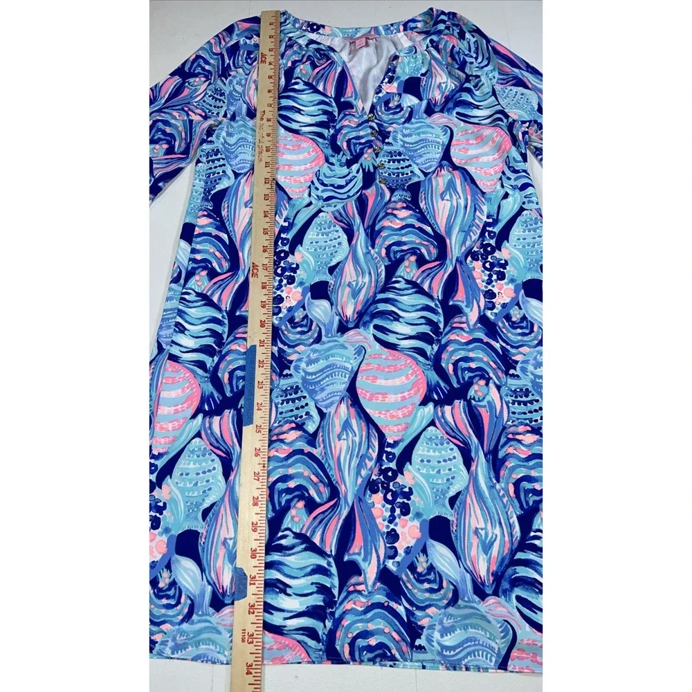 Lilly Pulitzer Brynle Dress Twilight Blue Gold Buttons Smocked Sleeves Womens XS